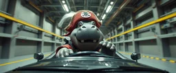 car driving happy 2d fluffy pirate orc hippo in the style of Escher and Giger and Fallout 4, pinhole cam, airbrush 3d rendering, on tv screen:A five-second cinematic single take in a clean industrial presentation hall.