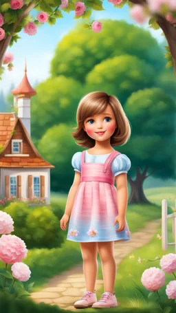 a 5 percent carton like child girl with realistic face and bob hair and makeup in pretty top and short tight and nice shoes,looking like a beautifull lady standing in country side next to country house with flowers,trees.