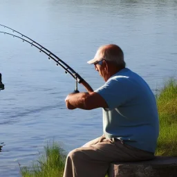 homme entrain de pêcher, vue éloigné, de coté, position assise, réaliste