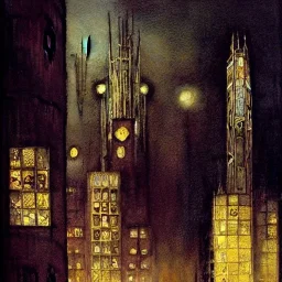 Fritz Lang Metropolis, detailed facades ,dark colours, watercolor, by john atkinson Grimshaw, detailed painting,matte painting, alphonse mucha, greg rutkowski