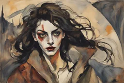 Painting of a vampire girl, in the Expressionist style of Egon Schiele, Oskar Kokoschka, and Franz Marc, in muted natural colors