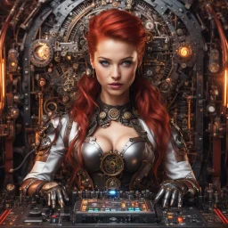 Front view half body gorgeous Realistic Photography beautiful super model Russian as playing Dj player with body full mechanical steampunk cyborg realistic beautiful woman hyper detailed, red hair