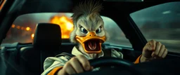 Donald master mafia boss fikk noe av stoffet til å detonere ved ett uhell. Når Donalditt brukes som drivstoff, utløser det vanvittige krefter. In the style of Rembrandt and Fallout 4, Donald in a fast car. Background blur. Movie poster. Wild look.Mad mad and furiosa as ducks.