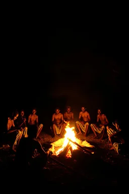An African villagers gathered around fire at night