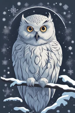 Create a t-shirt design featuring a majestic snowy owl perched on a snow-covered branch, surrounded by swirling snowflakes, vector style, t-shirt design