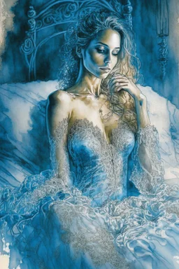 A beautiful woman in lace night gown in a luxury bed in a luxury bedroom, pastel blue watercolour and black ink, shiny gold metallic pieces outlining highly detailed digital painting elegant intricate very attractive award winning fantastic view crisp quality in candlelight