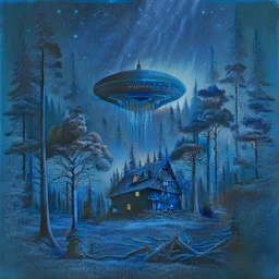 a black metal album cover showing a dark forest with a house in the distance and a UFO in the sky dark blue photorealistic