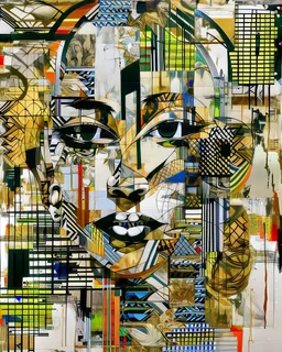 an extreme abstract acrylic and ink and battered paper photo collage poster of an unexpected mentioned in an arafed improbability made of smisunderstanding with a checkered juxtaposition, liminal space, vague resemblances of curved twisting stylized head wearing tribal mask, tribal patterns, memories of negative space, amazing reflections, amazing curves, amazing transparency, split vibe, double exposure influence, heavy zigzag vibe, side view, ((line lips)), crude mouth, afrofuturism