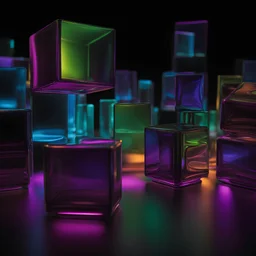 cinematic, abstract geometrical cube backlit bent glass panels and sculptures on a black background, purple green and blue hues. heavy refraction Close up. Bokeh. Macro shot, background blur, abstract, elaborate shapes, neon color gradingm a bunch of different colored objects sitting on top of a black surface, a 3D render, by Werner Gutzeit, trending on behance, holography, phone wallpaper. intricate, glowing blue interior components, feng zhu |, technological rings