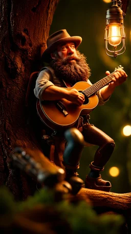 portrait of hairy rock banjo ninja sweet cucumber cowboy living inside a tree house in a hollow huge tree growing light bulbs, singing into ornate studio mic,bokeh like f/0.8, tilt-shift lens 8k, high detail, smooth render, down-light, unreal engine, prize winning