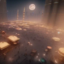 middle east city with mosque and people walking through the market , night , cloud in the sky , full moon , phoenix in the sky , high resolution, super realistic, unreal engine, cinematic lighting,