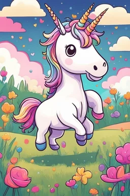 kids illustration, a cute unicorn playing in field, cartoon style, thick line, low details, vivid color