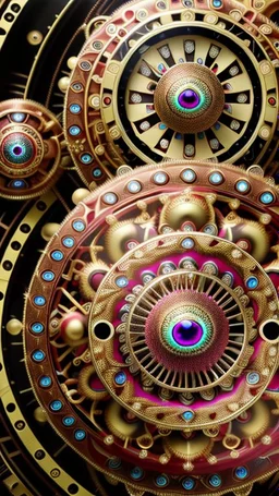 huge red gold black peacock, with clockwork gear on its back, symmetric, mandala, hyper realistic, futuristic, unreal engine5, octane render, 3D rendering, white background, digital art, in the style of Android Jones, mechanism, engine parts, vivid colours, side light, 16k