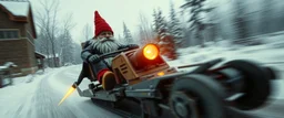 close up on gnome hit man with rocket boots in suit on a mech sled in winter wasteland, style of fallout 4, high speed with motion blur, on elevated road