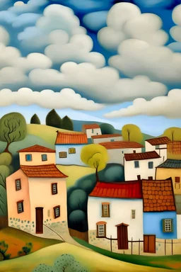 A cozy town on a cloud, has cute houses in it, the sky is grey, painted by Frida Kahlo