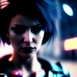 portrait, beautiful punk busty female Cyborg, intense stare, sad eyes, post-apocalyptic in a cyberpunk city,minimal skintight leather jacket, bladerunner, realistic, intriacte detail, sci-fi fantasy style, volumetric lighting, particles, highly detailed ,cinamatic , deep colours,8k, in the style of Kaare Andrews