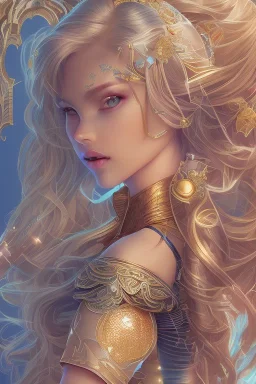 isometric clean art of super beautiful voluptuous lady, soft lighting, shin hanga high definition, blender 3d, beautiful, long hair, bismuth filigree blonde hair, skin-tight metallic orange and teal cropped top and miniskirt