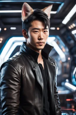 Male Asian actor with cat ears in a leather jacket, on a spaceship deck