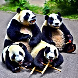 panda and crocodile smoking joint together in a street on the curb