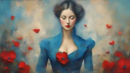 old painting, torn edges, blue, WOMAN, love, red heart, light, flower, double exposure, abstract surreal portrait, oil painting in impressionism, large strokes, airbrush effect, textured painting, antique style, vintage, semi-abstract, semi-realistic, surreal .