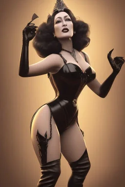 Joan Crawford as evil queen in black leather, busty, cleavage, dominatrix, curvy, angry, stern look. unreal 5, octane render, cinema4d, dynamic lighting, dramatic lighting, 4k, redshift render, highly detailed, hyper realistic,anthropomorphic