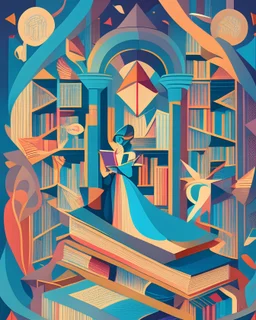 A whimsical illustration of a magical library filled with ancient tomes, floating books, and curious creatures seeking knowledge, in the style of Art Deco, geometric shapes, bold color palettes, and stylized forms, 9K resolution, inspired by the works of Erte and Tamara de Lempicka, celebrating the power of imagination and the pursuit of wisdom.