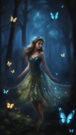 Painting of a beautiful girl, beautiful, young girl, beautiful, inspired by Thomas Kinkade, digital painting, fantasy art, dream, trees, forest, dark night, song, glitter butterflies, fantasy