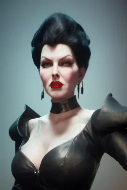 Lana Turner as evil queen in black leather, leather, busty, cleavage, angry, stern look. character design by cory loftis, fenghua zhong, ryohei hase, ismail inceoglu and ruan jia. unreal engine 5, artistic lighting, highly detailed, photorealistic, fantasy