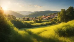 Beautiful realistic rural landscape, warm sunshine, lush plant growth, human habitation, peaceful, delightful, idyll, award-winning photograph, chiaroscuro, detail, beautiful composition, attractive colour