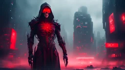 Personification of death, villain, creative and complex design, red light, Complete body, Futuristic city with a lot of fog, realistic, post apocalyptic, 4k, high contrast, perfect, high resolución, highly detailed, dark with nice illumination, rain