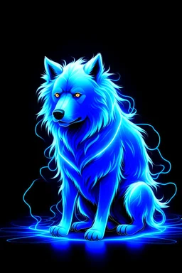 Super cool glowing ghostly canine with mencaing glowing eyes In a dark room. It sits alone staring straightly and deeply at us, it has a painted-anime style.