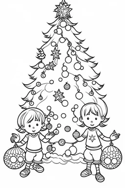 coloring page for kids, , cartoon style, thick outline, low details, no shading, no color, Kids decorating the Christmas tree