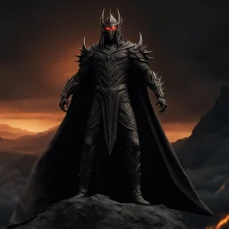 Sauron the mighty lord of darkness standing on a rock in the dark land of Mordor,A superhero MAN with infinite power and technology from the galactic race,with great army,realistic