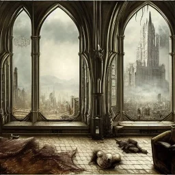  Living room with a big full wall window view on Gotham city , gothic architecture,interior design,point of perspective,by Jean Baptiste Monge, Epic cinematic, brilliant stunning, intricate, meticulously, detailed, dramatic atmospheric, maximalist digital matte painting