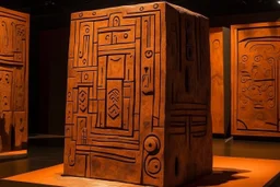 An orangish brown ruins made out of chocolate designed in native American petroglyphs painted by Paul Klee