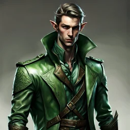 Elven male spy wearing a green leather jacket