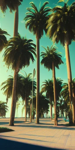 1980's aesthetic vaporwave palm trees with spheres and car