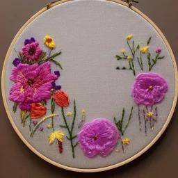 embroidery hoop with delicate arrangement of pressed flowers, pressed flowers, tulle, couture, beautiful composition, aesthetic layout, wildflowers, detailed beadwork, beading