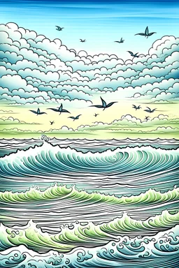 Draw a sea with waves, a view of the beach, and the sky is full of rainy clouds, with a little mist, and two birds flying between the clouds.