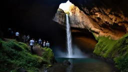 Interior of a large, natural cave. A tall waterfall cascades down one side, illuminated by a shaft of sunlight from above. A group of people are walking on a rocky path within the cave, further back from the waterfall, in a more dimly lit area. The path winds through the cave. Moss and other vegetation grow on the cave walls. Water pools below the waterfall. Photorealistic, 8k resolution, highly detailed, dramatic lighting, volumetric lighting