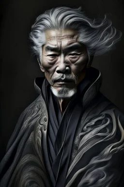 a photo of an Asian man with ethnic jewelry, grey hair and grey flowing robe, in style of Annie Leibovitz, contemporary portrait of a mature yet beautiful and modernist man, black and grey, detailed masculine face, swirling fluid smokey enigma, award-winning artwork