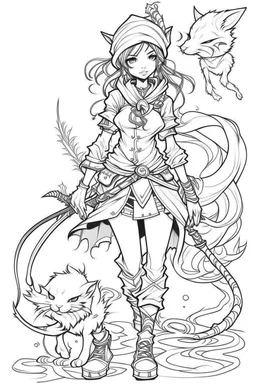 Outline art for cute Fantasy coloring pages with female Shinobi with psycho problems that always have fun, white background, Sketch style, full body, only use outline, Mandala style, clean line art, subtle shadows and clear and well outlined