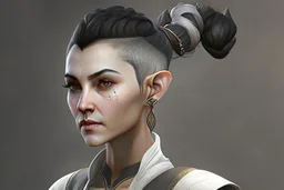 A Fantasy elf, a white male with black short hair tied up in a bun. Full body, HD