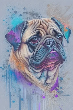 Abstract wet watercolour, portrait of a pug