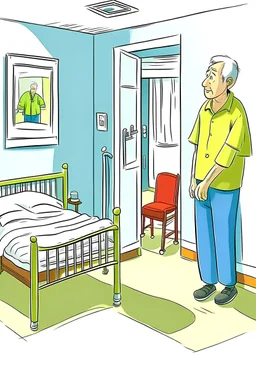 一個老人，有輔助行走器具、房間的床有扶手，房間十分寬敞明亮，明亮的廁所就在旁邊