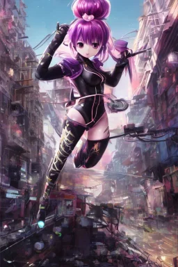 Detailed cute anime Kunoichi girl, purple hair buns, purple bangs, black latex bodysuit, intricate details, full body portrait, keep head in frame, slight smile, black Japanese motif, concept art, highly detailed, digital painting, concept art, sharp focus, illustration, art by Yoji Shinkawa, WLOP and greg rutkowski and alphonse mucha and artgerm and yanjun Chen and Junji ito and Makoto Shinkai, HDR, octane render