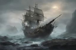 A spectral pirate ship, its sails tattered and torn, sits atop a rocky shoreline, surrounded by a swirling mist.