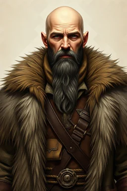 Upper body image of a male 55 years old human merchant, fur coat, bald, fantasy, dungeons and dragons, pathfinder, beige tones, details, rpg