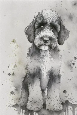 Abstract wet watercolour of a black and white bernadoodle, ink lines, splashy background detailed,focus on eyes, watercolour paper
