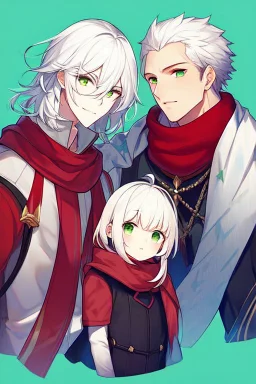 Boy with white hair, green eyes, calm, the background is: a sky full of stars, His hair is short, he wears a red scarf,